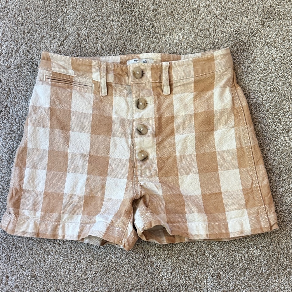 Madewell High Waist Tan Plaid Shorts